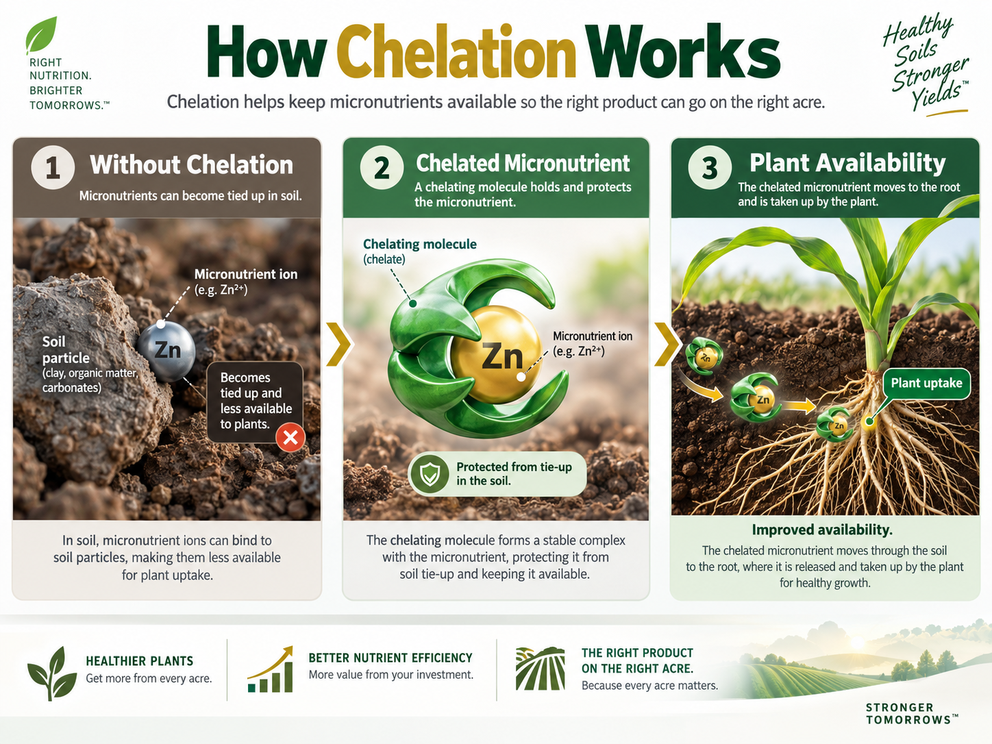 Infographic showing how chelation keeps micronutrients available from soil to plant uptake