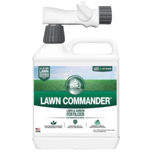 Front view of Turf Titan Lawn Commander jug showing the product name and logo, highlighting its lawn care benefits.