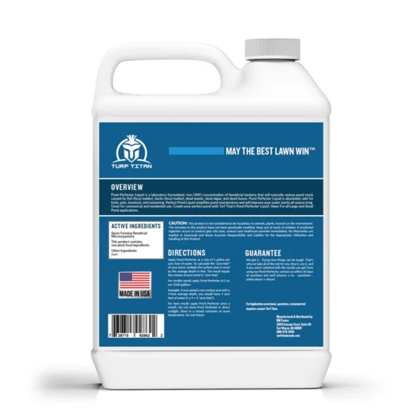 Back view of Turf Titan's Pond Perfecter jug showing detailed usage instructions, ingredient list, safety information, and benefits of the product for maintaining a clean and healthy pond.