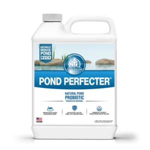 Front view of Turf Titan's Pond Perfecter jug, featuring a clear label with product name and description, highlighting its natural ingredients and benefits for maintaining clean and clear pond water.